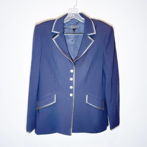 Escada Black 4-Button Blazer Striped Lapel Trim SZ42 - Picture 10 of 10